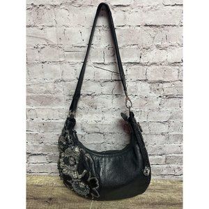 Brighton Handbag Hobo Black Leather Women’s Embellish Side 12x13 Zipper Shoulder